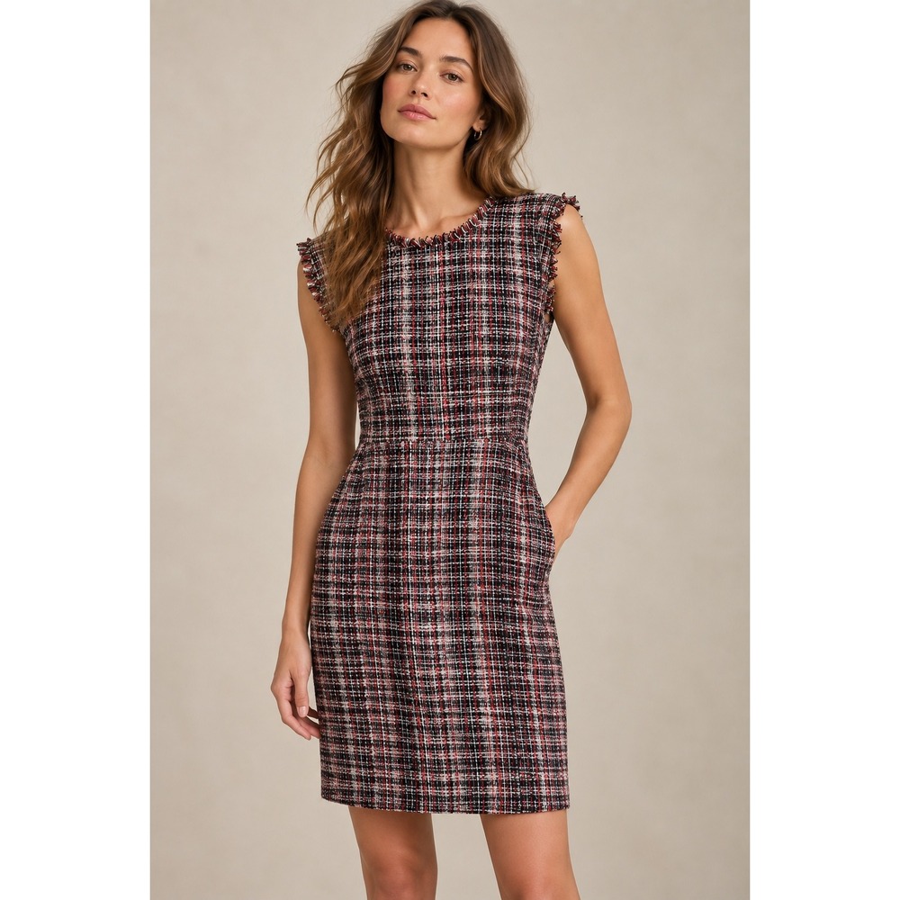 J.Crew Women 16 Red White Navy Tweed Sheath Dress Frayed Trim Pockets Sleeveless